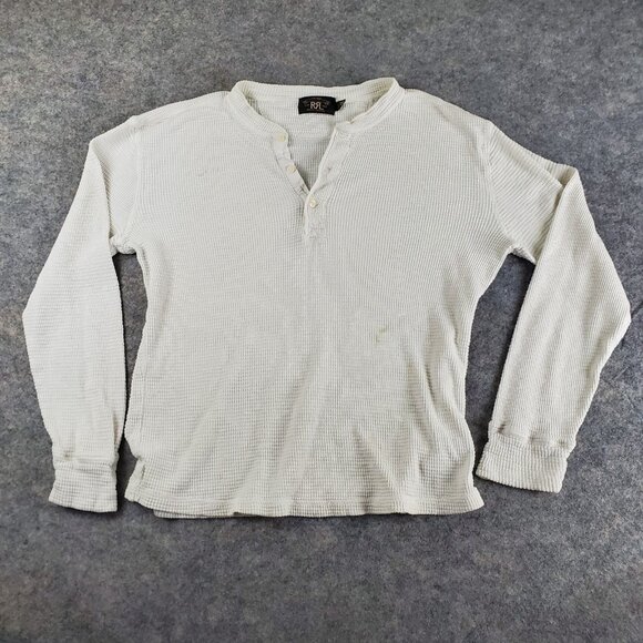 RRL By Ralph Lauren Shirt Men Medium White Henley Long Sleeve Waffle Knit Casual - Picture 1 of 5